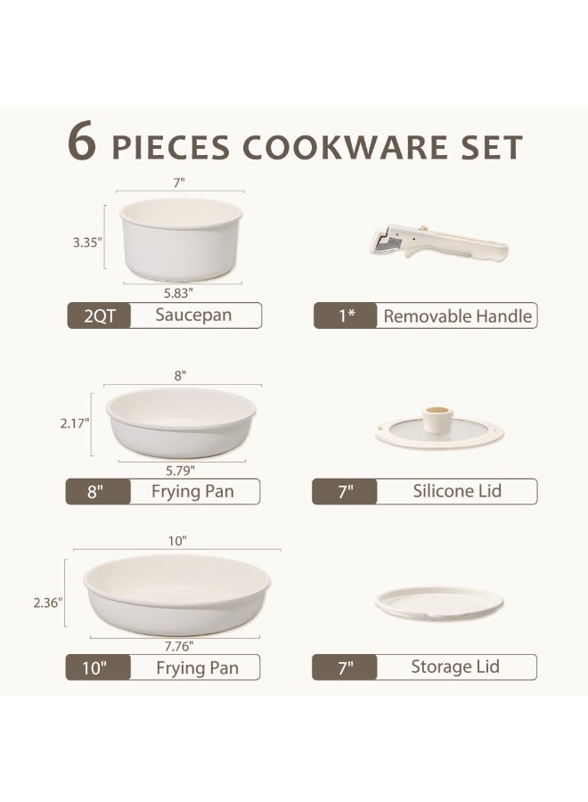 Carote 6-Piece Ceramic Cookware Set with Detachable Handle, Stackable Frying Pan & Saucepan with Lids, PFAS-Free Nonstick Healthy Cooking Set, All Kitchen Stovetop Compatible, Dishwasher Safe (Cream) - Image 2